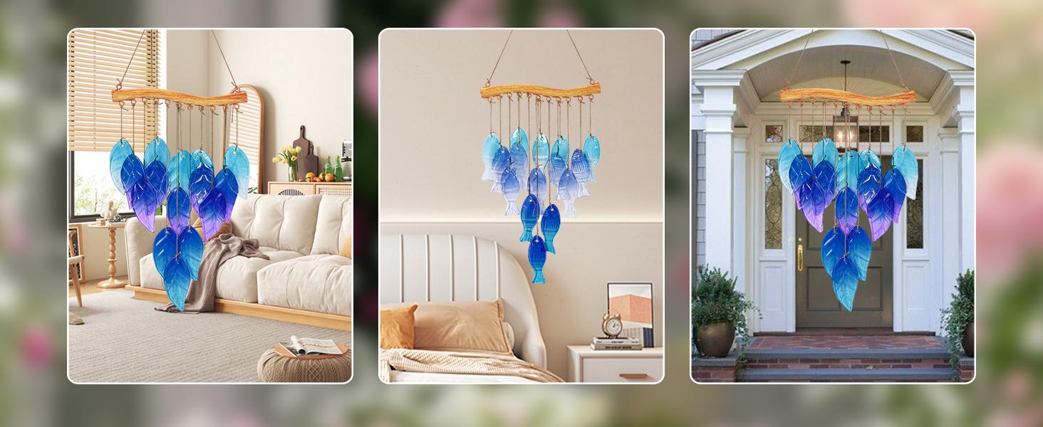 23-inch Blue Glass Ocean Wind Chime — Handmade Fish-Shaped Outdoor Wind Chime for Beach Parties and Wedding Decorations