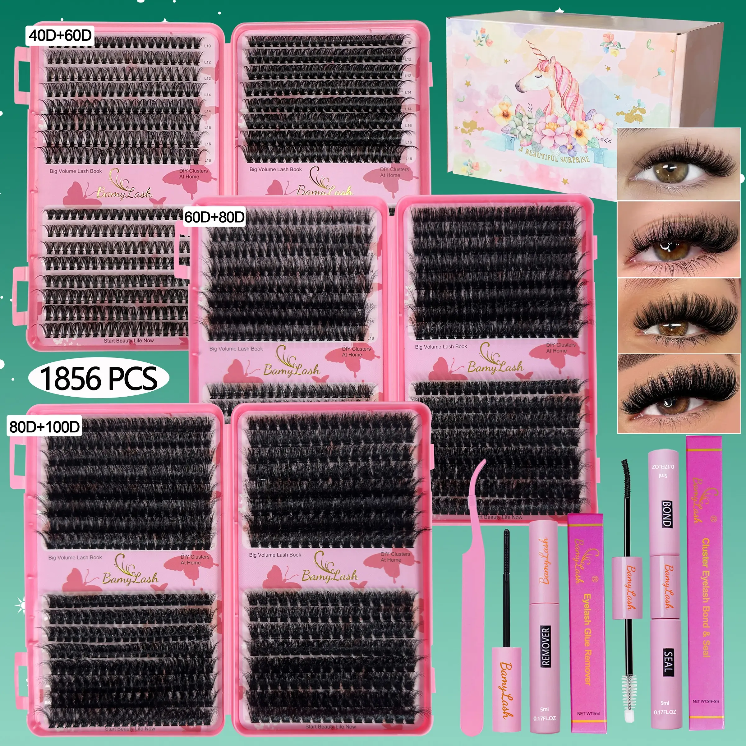 3 Boxes Lash Books, Thick Volume Individual Cluster Lash, 3D Wispy False Eyelashes, High-Quality with Bond Seal Remover Applicator, 10-18mm D-Curl Mixed Length, DIY Lash Extension Kit for Daily Makeup & Gifts
