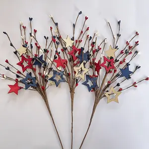 3pcs July 4th Independence Day Blue Star Shaped Artificial Berry Stems, Hand Twisted Stems, Patriotic Day Decoration, DIY Craft Floral Decor