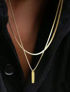 2pcs Layered Rectangle Pendant Necklace, Double Chain Set, Trendy Everyday Jewelry