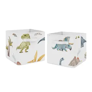 Sweet Jojo Designs Set of 2 Collapsible Fabric Storage Cubes (Watercolor Dinosaur Dino) for Boys, Baby, Kids, Childrens Foldable Bins Organizer Boxes Toys (Blue & Green, Modern Dinosaurs, Jurassic)
