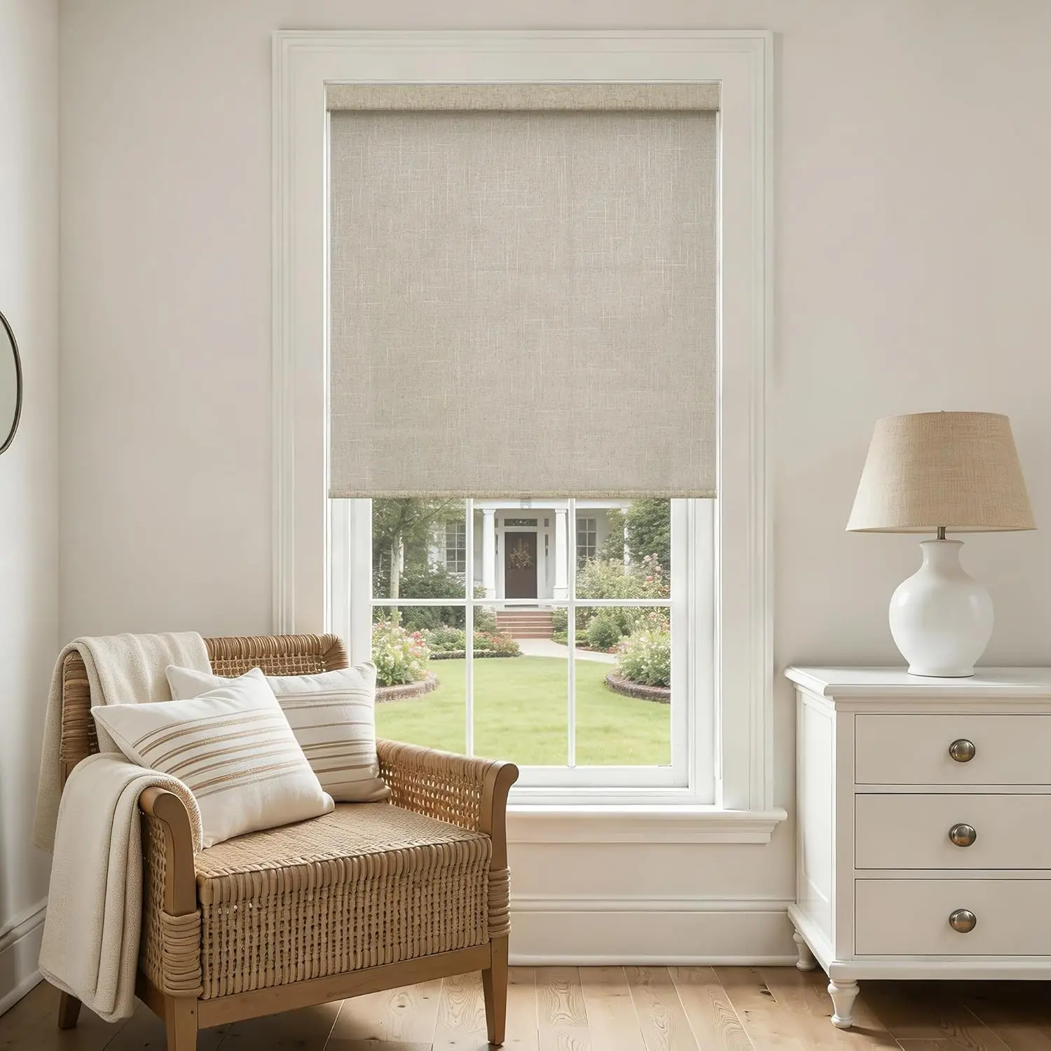 Cordless Light Filtering Free-Stop Semi Sheer Tan Beige Linen Roller Shades Blinds with Valance 28" W x 72" H for Windows Bedroom Living Dining Room Office Home Decor