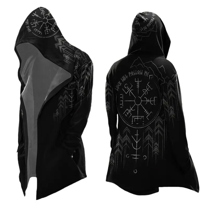 Unisex Viking Norse Hooded Cloak Coat White Lining Open Front Long Hooded Cardigan, Vegvisir Rune, Fenrir Wolf, Moon Sun Dragon, Vintage Serpent, Blue Gold Rune, Yggdrasil Tree Dragon Graphic Gothic Medieval Outerwear for Men Women Fall Winter