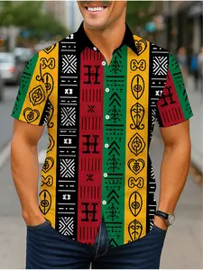 Men'S Ethnic Style Print Short-sleeve Shirt | Lapel and Single-breasted Buttons, Yellow Red Green Black Color-block Stripes, Geometric Totem Patterns, Casual Street Fashion Top for Summer Wear Color Block Shirts Streetwear