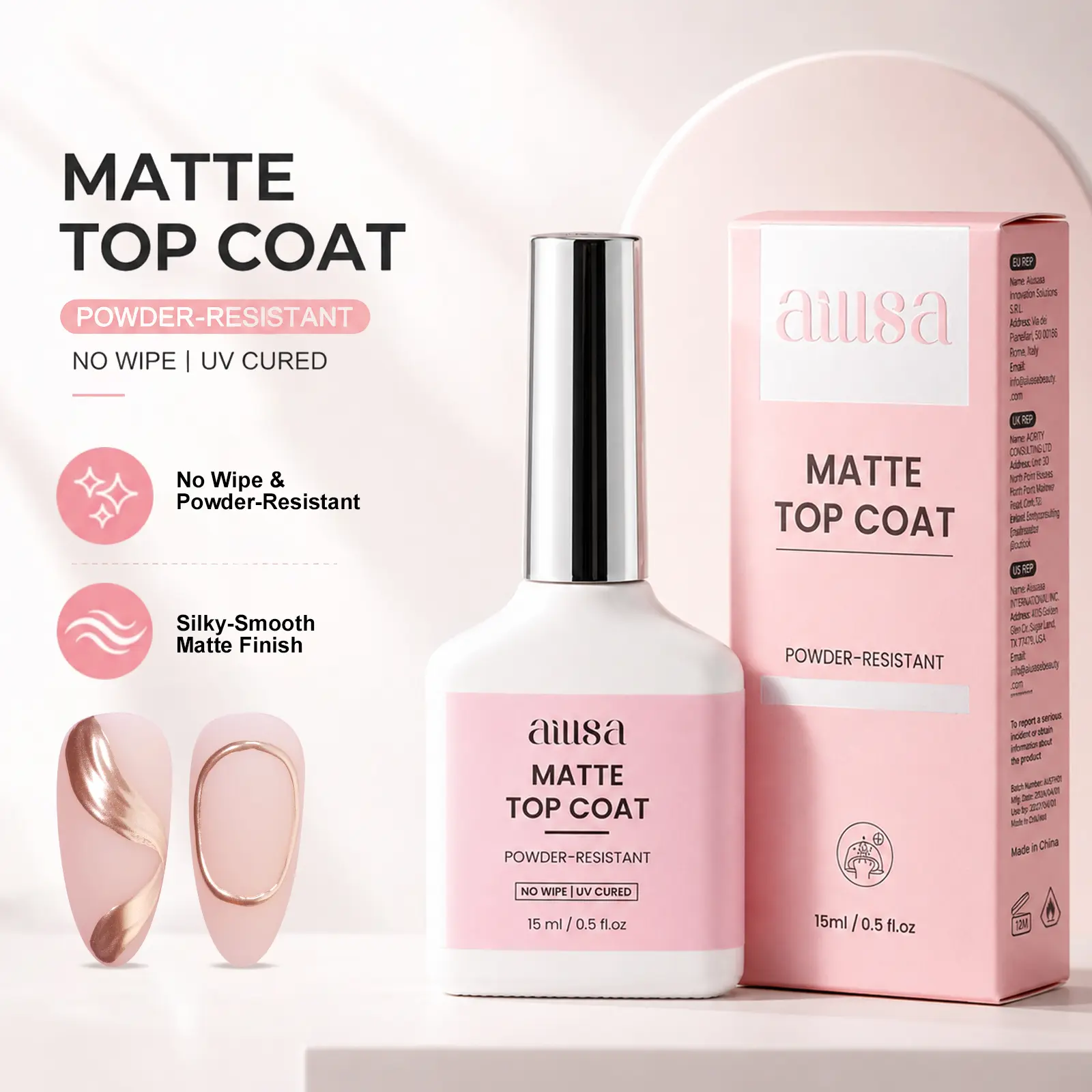 AILLSA Matte Gel Top Coat 15ml, Powder Resistant No Wipe Matte Top Coat for Chrome Nail Art, Smooth Matte Finish UV Gel Polish for Detail Chrome, Nail Art DIY TikTokShopBackToSchool sohochic
