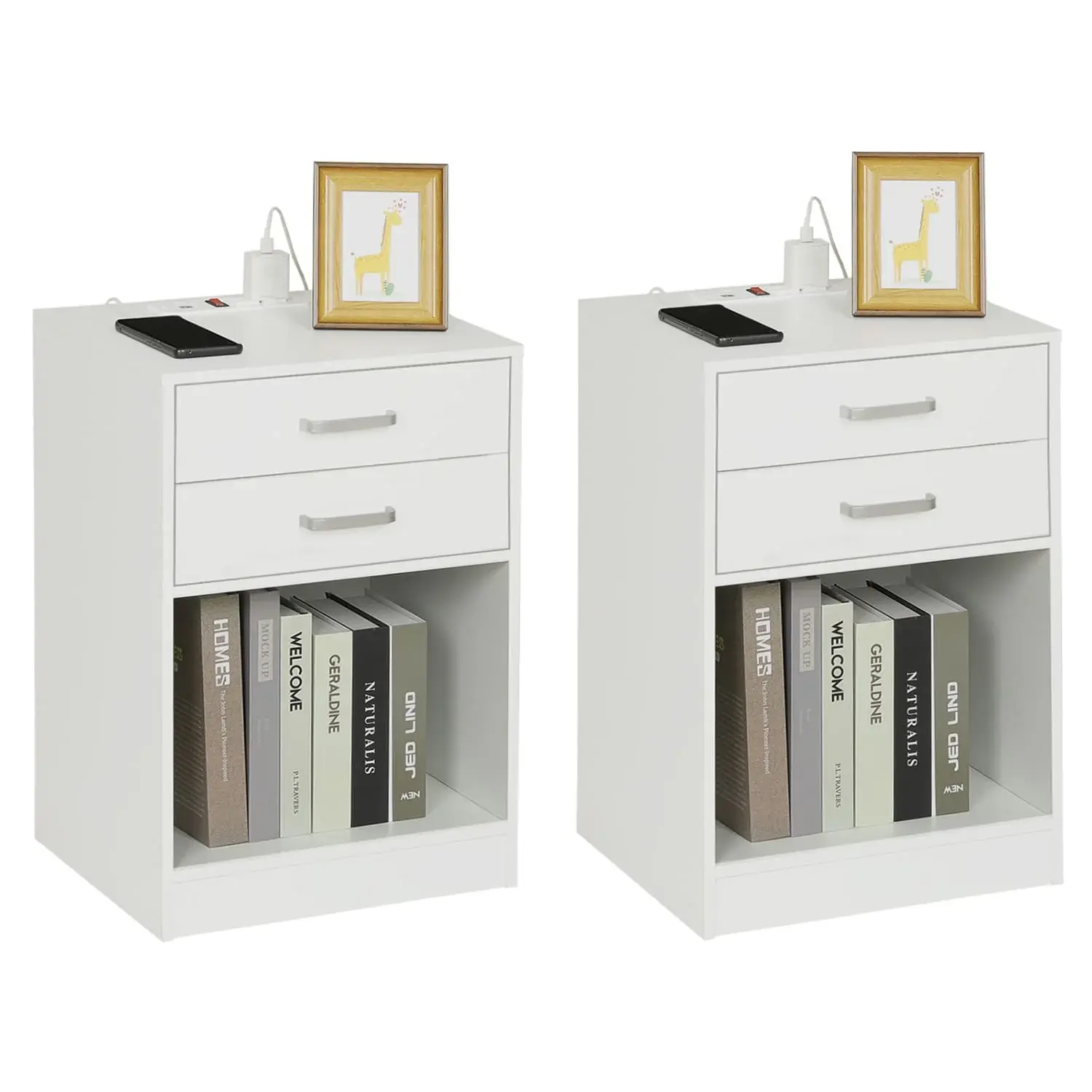 SIKAIC 2PCS Compact Modern White Bed Side Tables Set - Compact Nightstand with Charging Station, USB Ports, Outlets, LED Storage for Bedroom Indoor Furniture