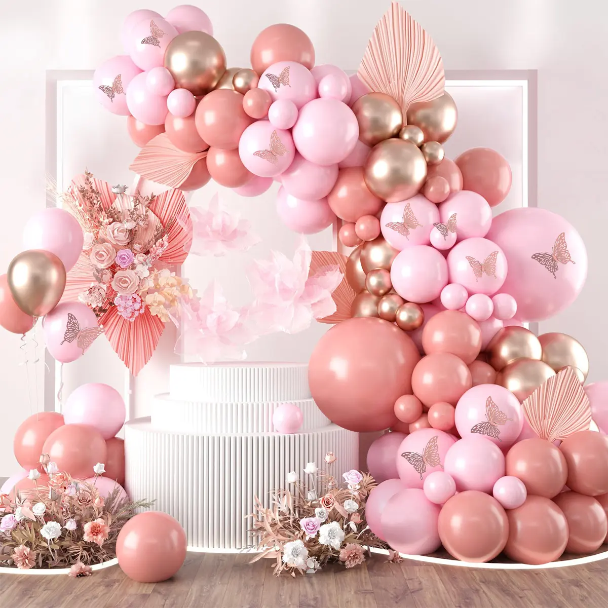 111pcs Retro Soft Pink Rose Gold Butterfly Balloon , an exquisite soft pink rose gold butterfly balloon set—perfect for birthday parties, wedding and engagement decorations, anniversaries, holiday decorations, and home decor