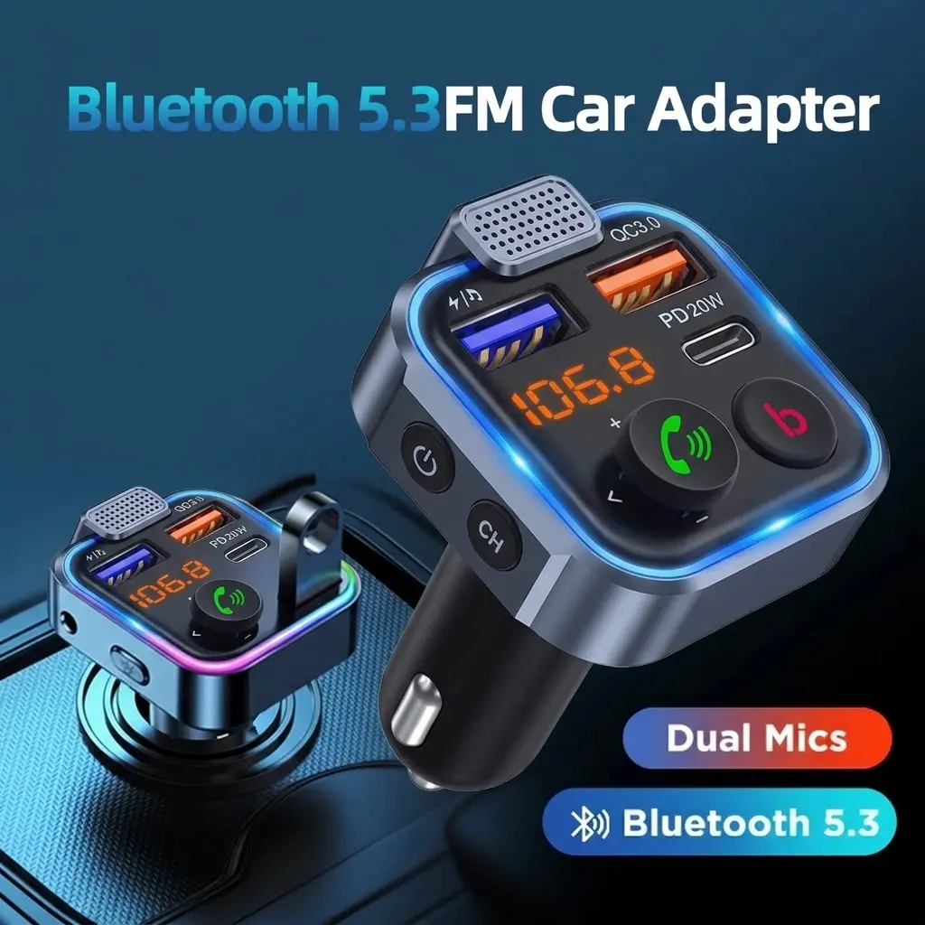 Bluetooth 5.3 FM Car Adapter - Ambient Lighting, Fast Charger with Type C & Dual USB Ports, Dual Mics, New Year Gift for Car Audio Use, Bluetooth Car Adapter