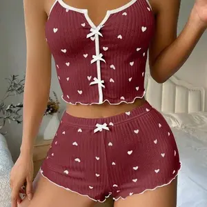 Sleepwear Sweet Printed Hot Waist Sexy Strap Top Shorts Women's Set Red Heart Night Wear