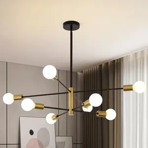 Modern 8 Light Farmhouse Ceiling Light Fixture with E26 Base Height Adjustable for Living Room Dining Room Kitchen - Black Gold