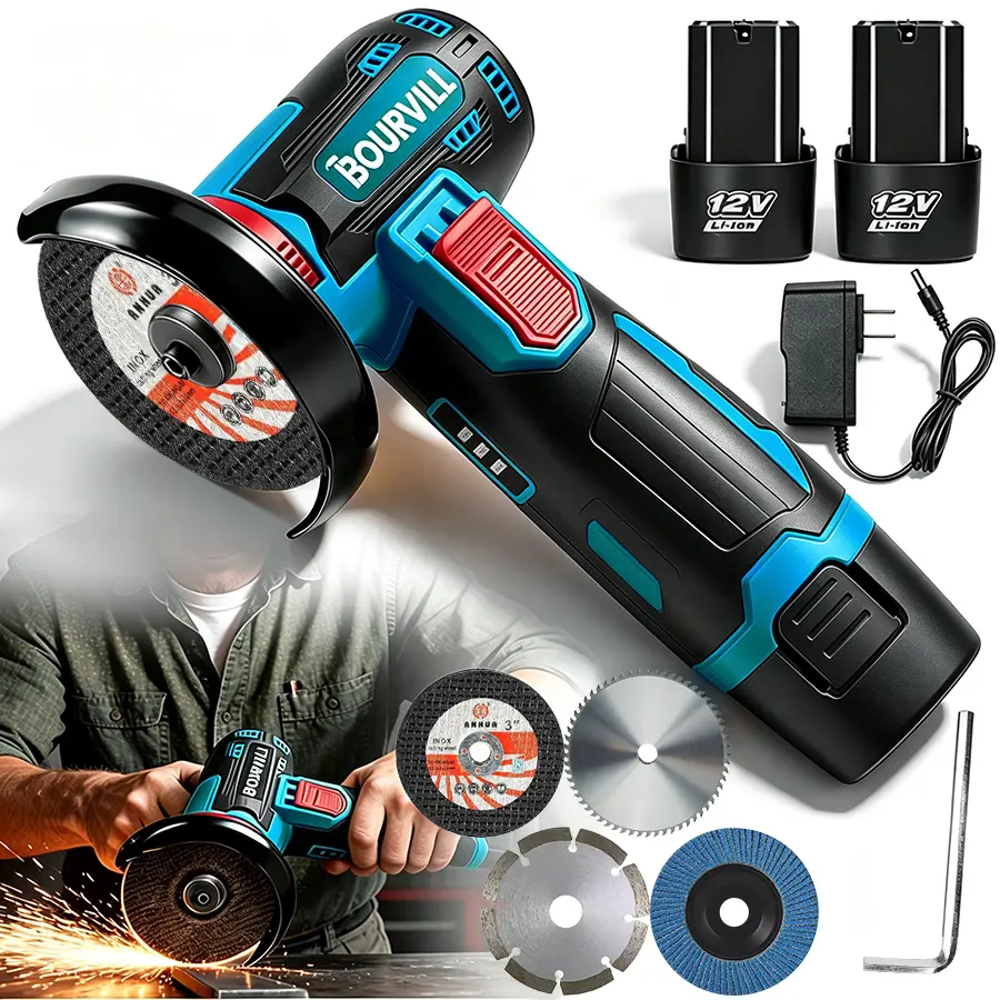 【PM】Bourvill 12V Cordless Mini Angle Grinder Kit with 4 Gutting Blades,2 pcs 12V 1300mAh Batteries 19500 RPM/Min,for for Metal Cutting, Rust Removal, Home/auto Projects,  Electric Heavy Duty Handle Power Tools Father's Day Gift