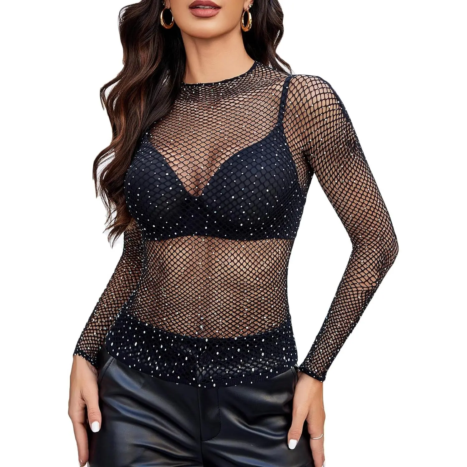 Women's Sexy Fishnet Mesh Long Sleeve Tops Mock  Sheer Lace See-Through Blouse Bodycon Clubwear Party Tops