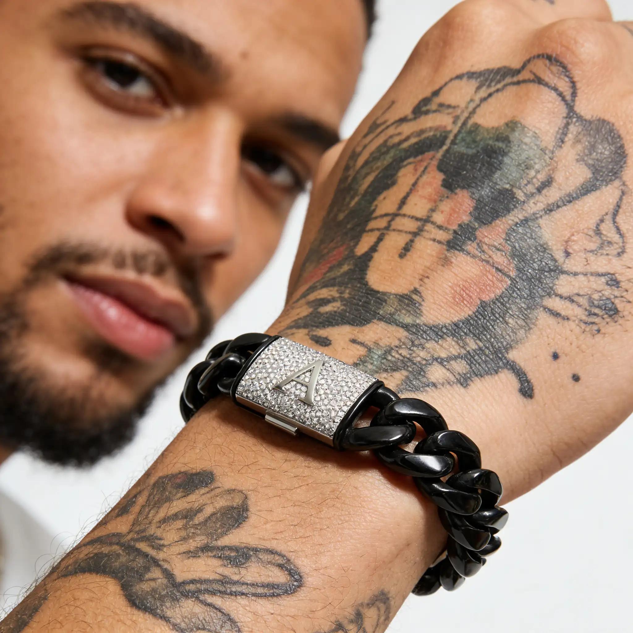 Black Stainless Steel Cuban Link Bracelet for Men, 14mm Heavy Chain with Silver A–Z Initial Clasp, Gothic Punk Hip Hop Style Personalized Statement Gift for Him