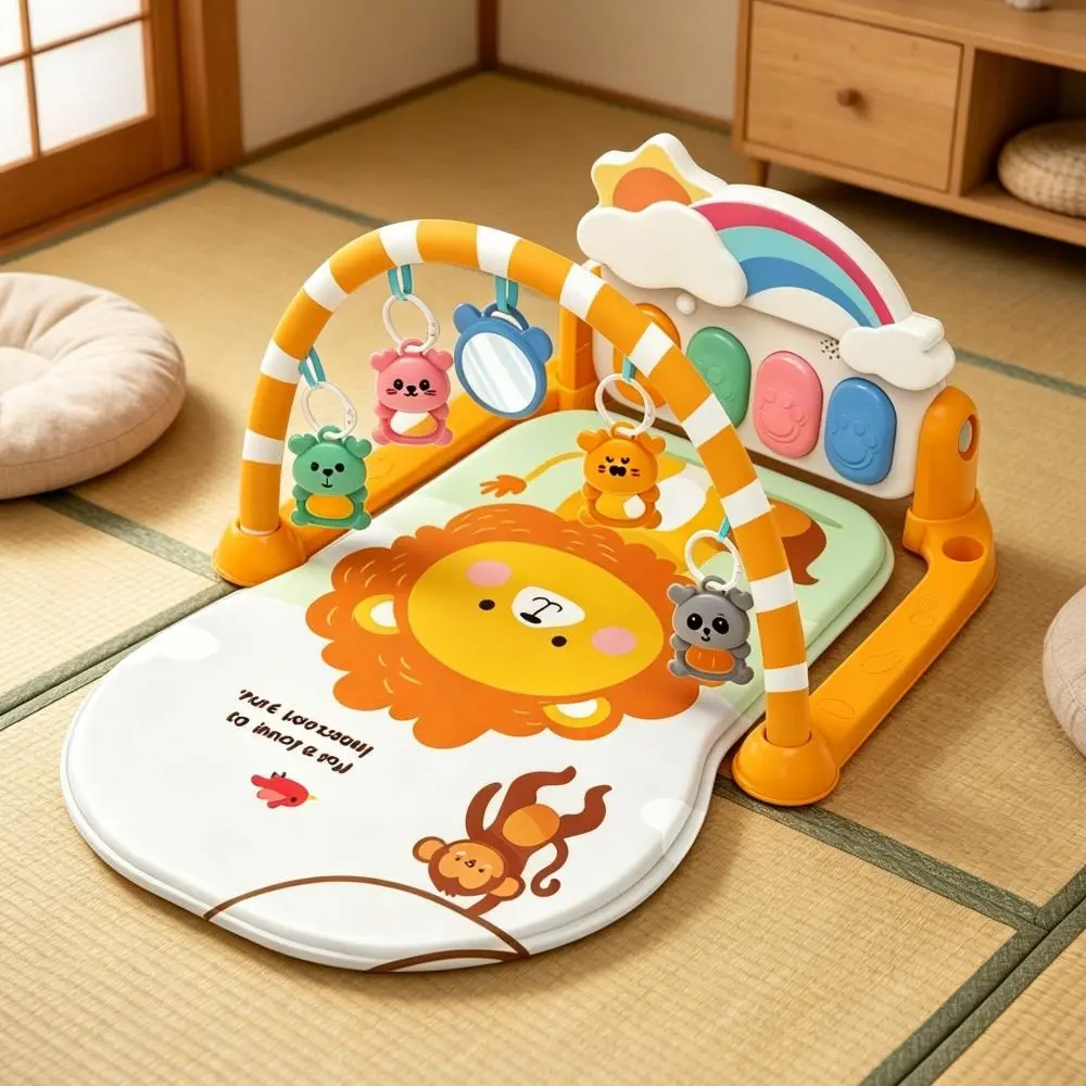Unisex Baby Playmat with Animal Motifs, 1-Piece Orange-Yellow Lion Forest Cartoon Footrest Piano Fitness Frame, Warm Pastel Forest Theme, Non-Slip Soft Padding, Sensory Toy with Music Lights, Home Décor for Mother-Baby Bonding (Infant/Toddler Use), Infant