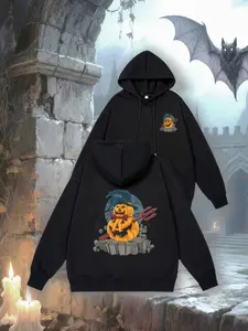 Unisex Halloween Evil Pumpkin Hoodie, Loose-Fitting Fleece Sweatshirt, Casual Style for Outdoor Activities, Trendy Couple