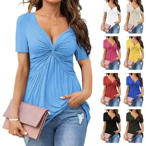 Imily Bela Womens Front Knotted V-Neck Blouse T Shirt Short Sleeve Oversized Tunic Tops Summer Solid Pullover Tees