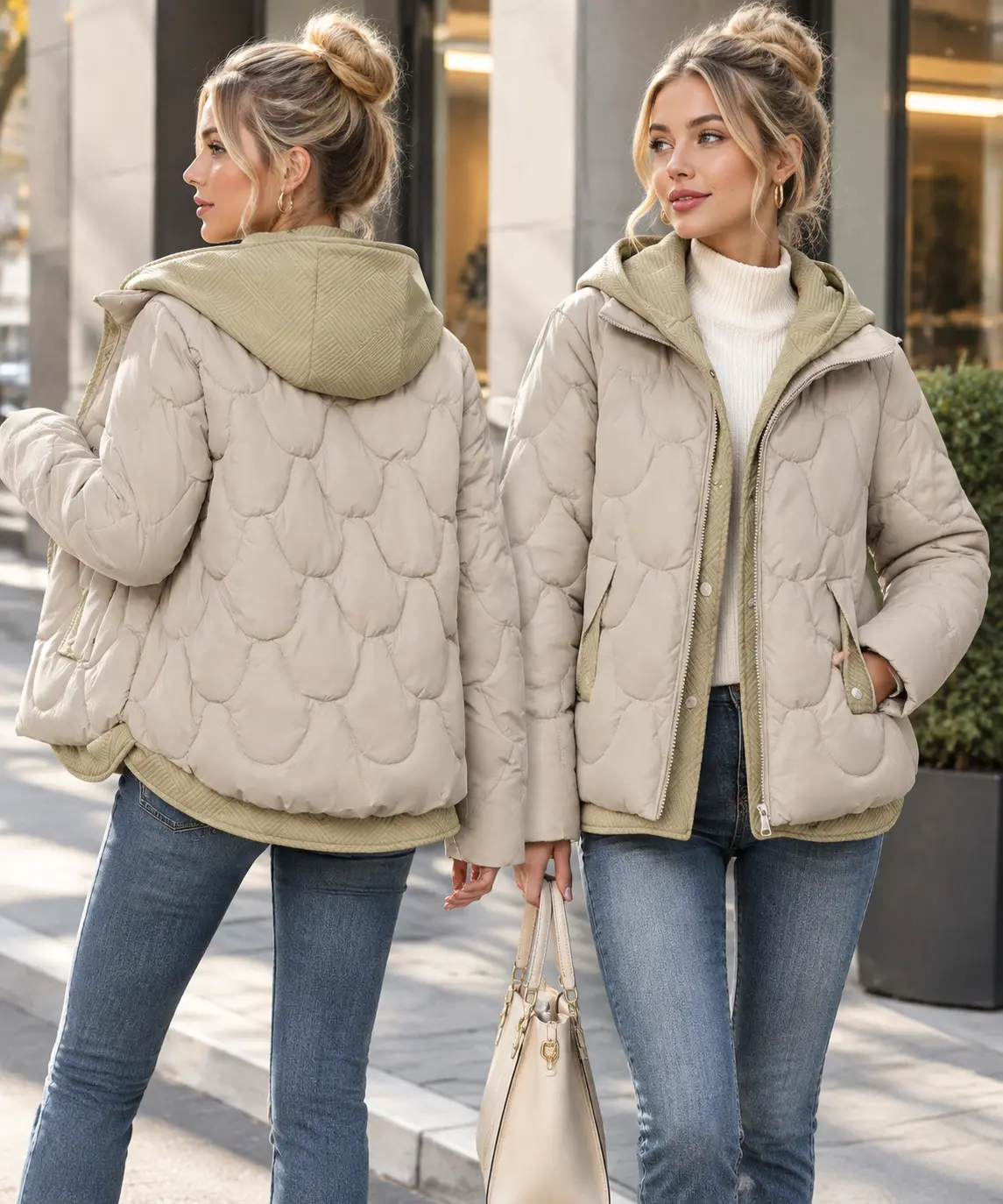 Women's Quilted Hooded Puffer Jacket, Lightweight Warm Winter Coat, Zip Up Casual Jacket with Pockets, Cozy Fall Winter Outerwear