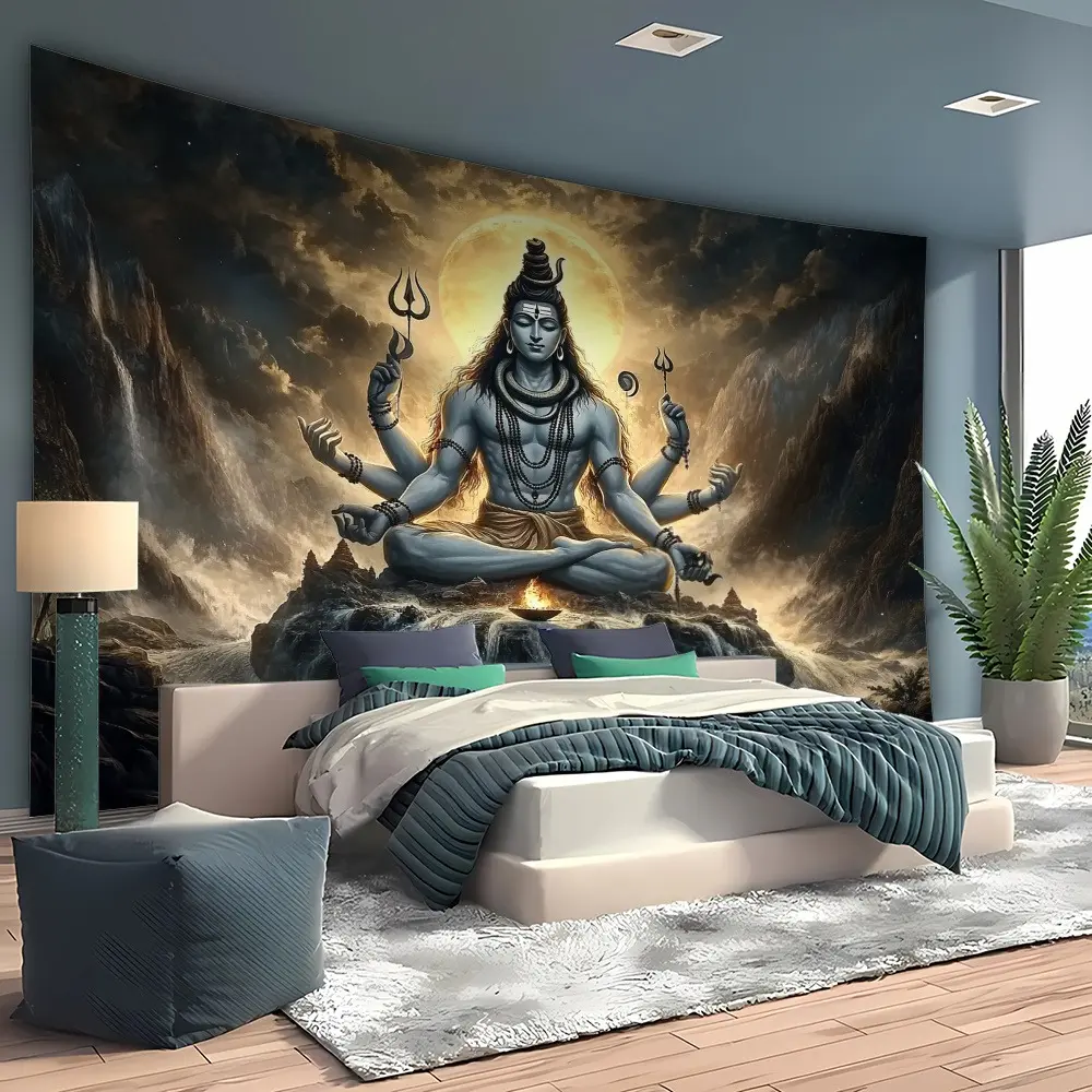 Retro Polyester Shiva God Wall Tapestry - Industrial Cloth Print Backdrop Banner, Vibrant Shiva Universe Design, Durable Spiritual Home Decor, Ideal for Wedding & Festival Events Gifts