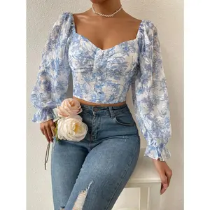 Bella Bloom Floral Print Flounce Sleeve Ruched Chiffon Blouse