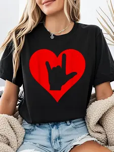 100% cotton ASL Heart American Sign Languages Day Hand Talking T-Shirt Casual Printed 100% Cotton Women T Shirt, Summer Tshirts Short Sleeve Graphic Tee Women Tops