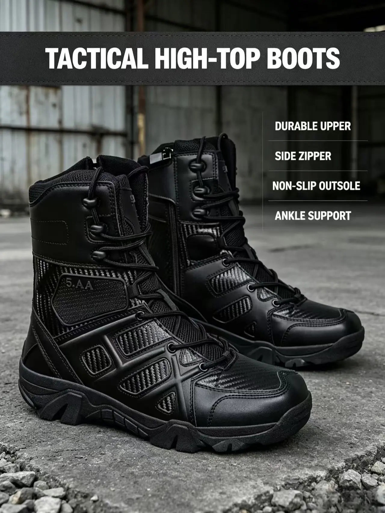 5.AA Men's High Top Outdoor Work Hiking Boots, Breathable PU Leather Fabric Footwear With Side Zipper, Lightweight Wear‑Resistant Non‑Slip Rubber Sole Shoes For Travel, Trekking, Camping, Wilderness Walking & Daily Outdoor Activities