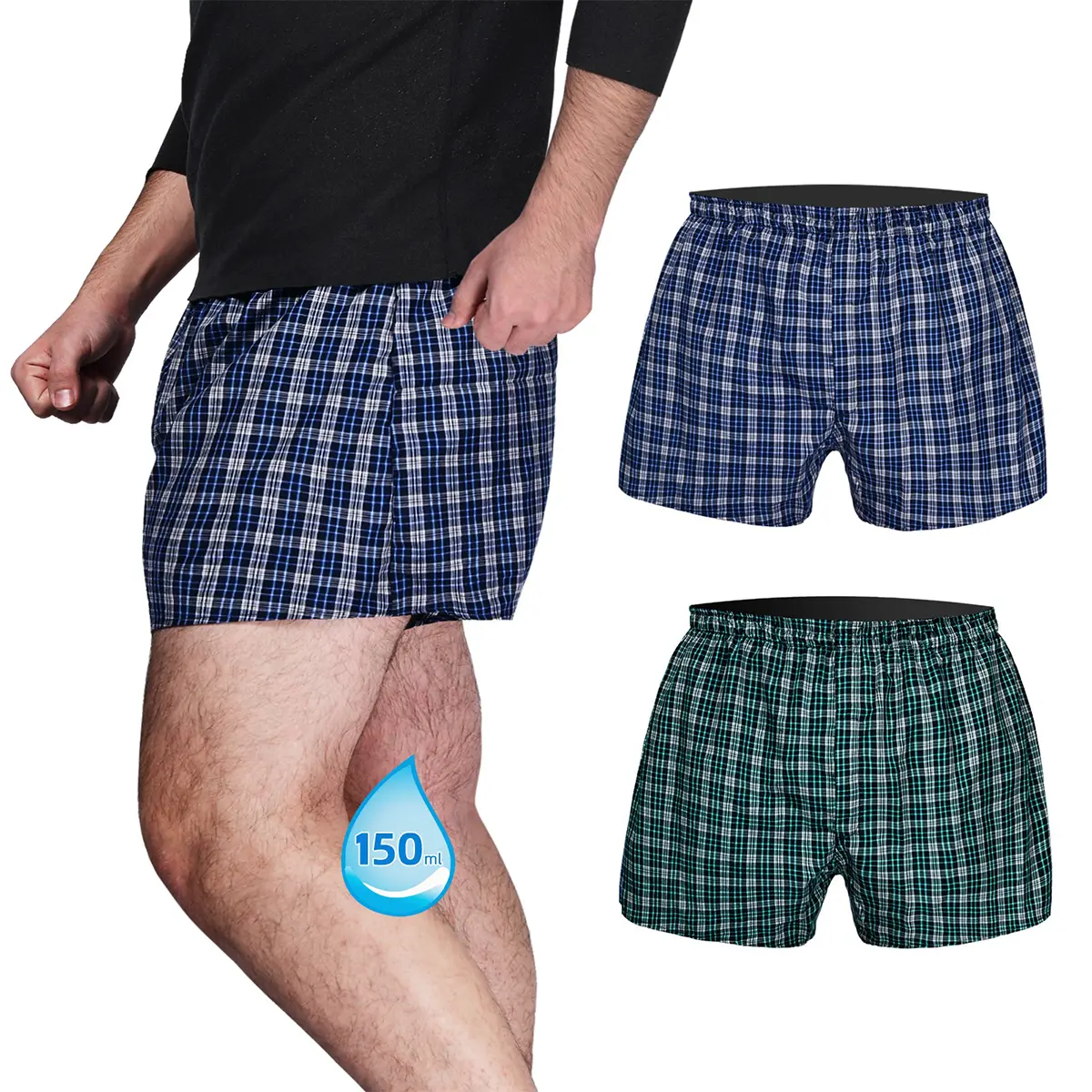 Men's Washable Incontinence Underwear - Blue Plaid (Pack of 2), Checked Plaid, Urinary Leak-Proof Boxers with Front Fly & Regular Absorbency