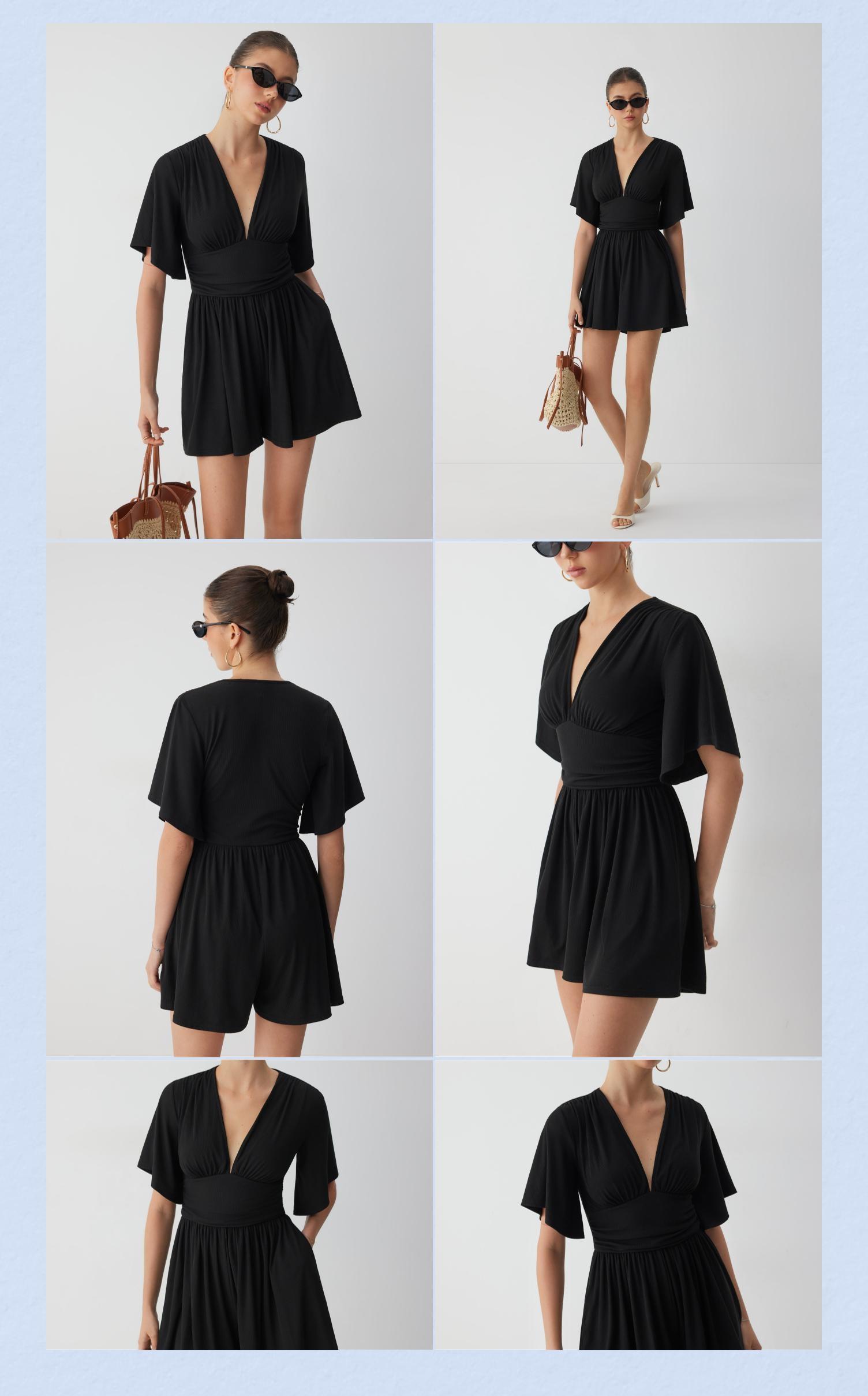 Cider Textured V-neck Ruched Mid Rise Bell Sleeve Romper