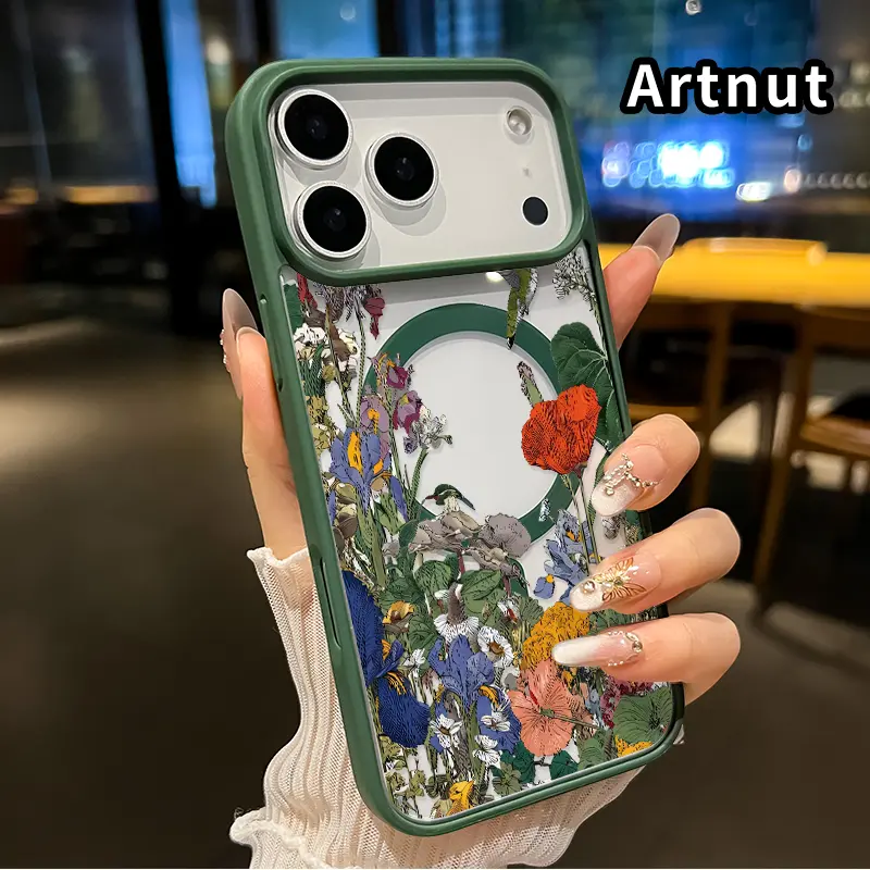 Clear Magnetic Phone Case for iPhone 17 Pro Max 16 Plus 15 14 13 12 11 Air E Hummingbird Floral Symphony Pattern Acrylic Hard Back Soft Silicone Edge Bumper Sockproof Cover for boy girl