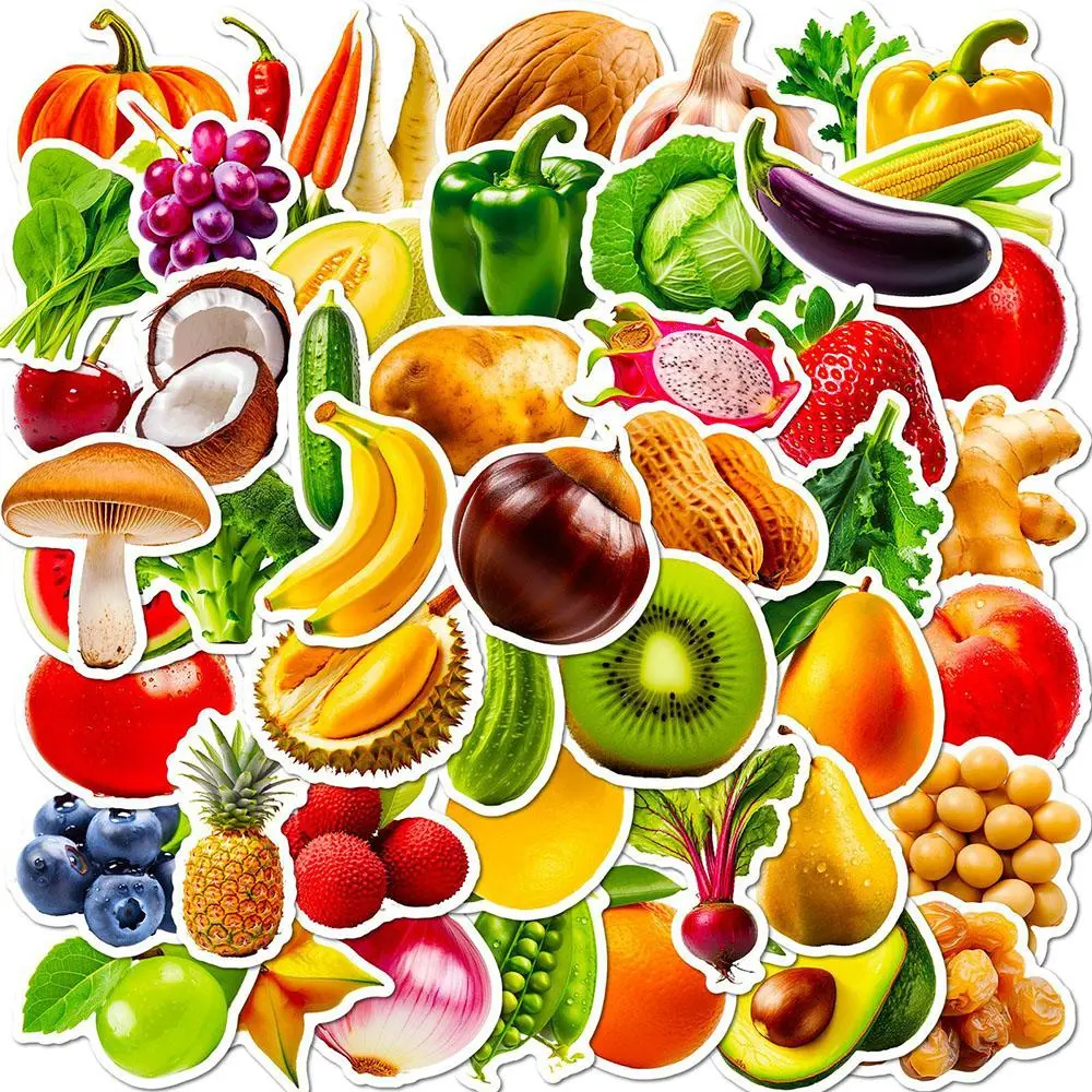 Fruit & Vegetable Series Sticker, 50pcs/set Waterproof Self Adhesive Decor Paper, Decor Sticker for Gift Greeting Card Water Bottle Laptop Phone Cellphone