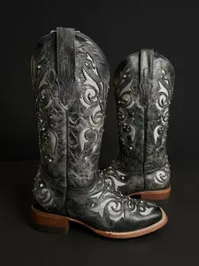 072 Miranda crater negro womens western boots cowgirl studed distressed leather silver inlay square toe