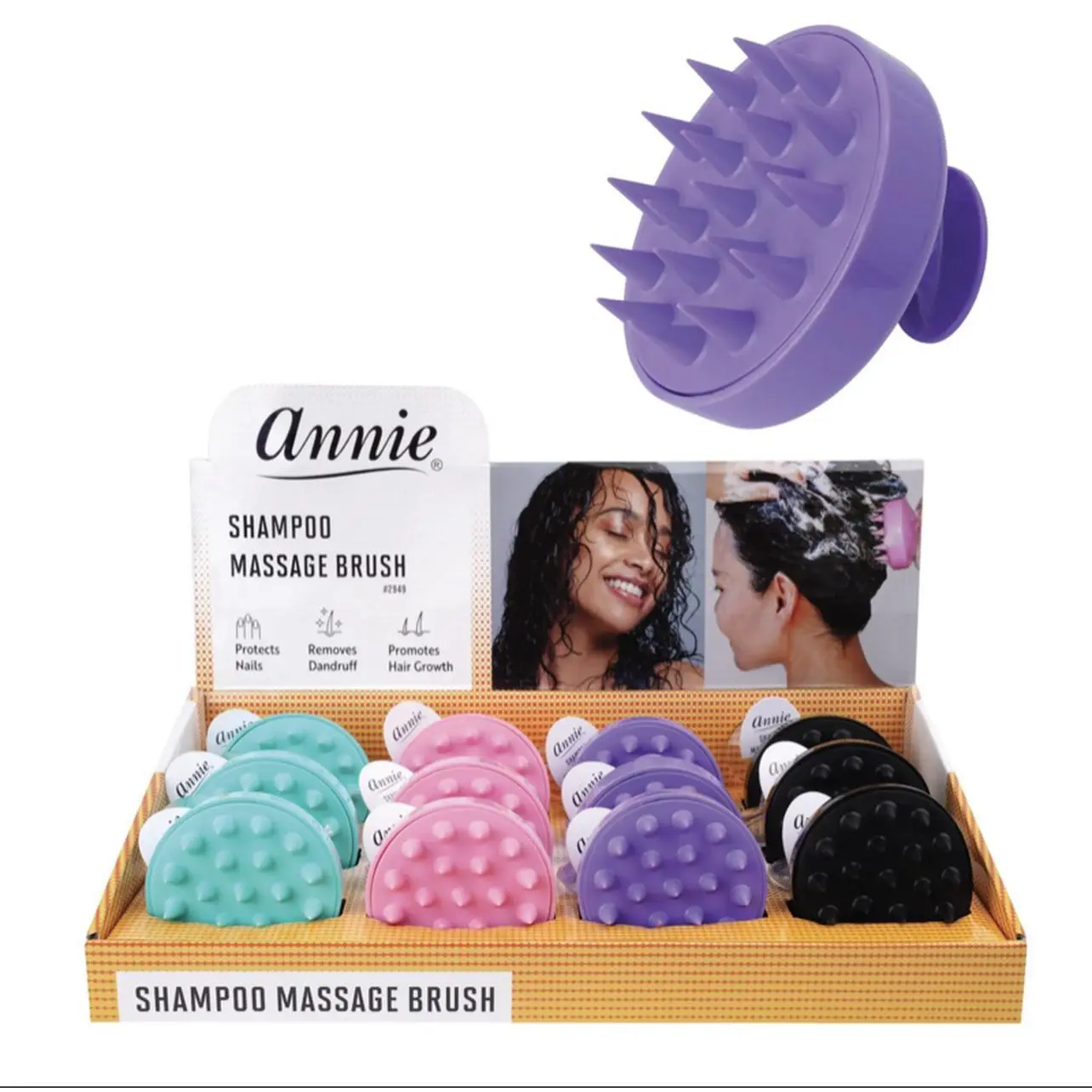 Annie Shampoo and Massage Brush - Scalp Massage for Relaxation, Dandruff Removal, Nail Protection, Convenient Suction Cup Design, Teal Pink Purple Black