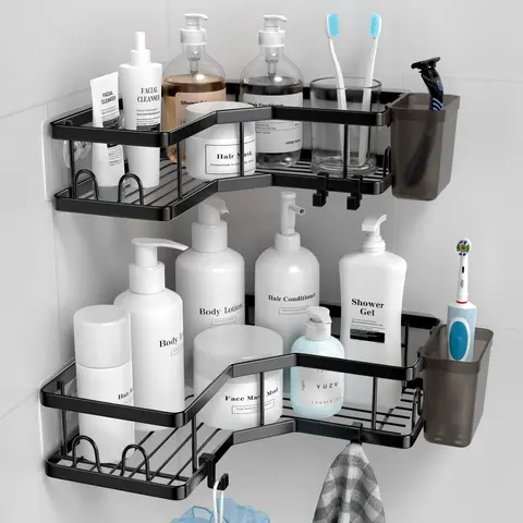 Jabukosu 2-Pack Adjustable Bathroom Shower Caddy, No-Drilling Rustproof Corner Storage Set with Soap Holder and 4 Removable Hooks for Indoor Use