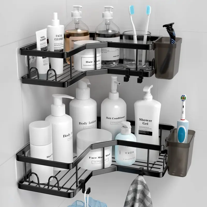 Jabukosu 2-Pack Adjustable Bathroom Shower Caddy, No-Drilling Rustproof Corner Storage Set with Soap Holder and 4 Removable Hooks for Indoor Use