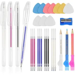 Fabric Markers Kit for Sewing & Quilting-10 Pcs Tailors Chalks, 4 Pcs Heat Erasable Pens with Refills and 3 Pcs Water Soluble Fabric Pencils, Sewing Accessories Supplies