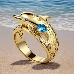Simple dolphin-shaped ring inlaid with blue artificial zircon, suitable for women's daily and special occasions, holiday-style jewelry y2k men