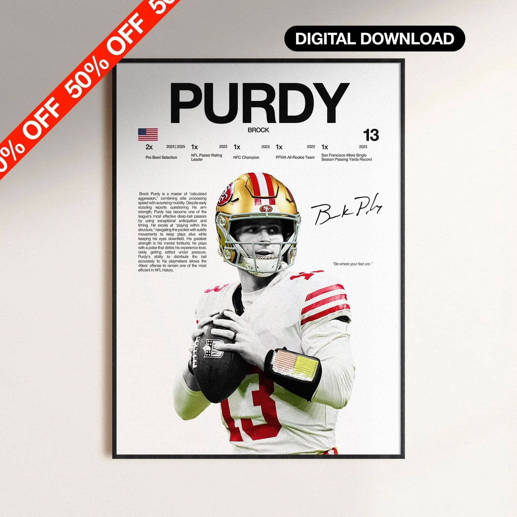 Brock Purdy Poster, NFL Wall Print, Football Digital Download, NFL Poster Print, Sports Decor, San Francisco Poster, NFL Player Gift