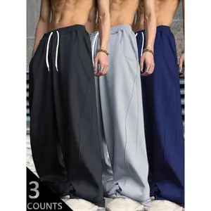 Y2K Men's 3-Pack Wide Leg Sweatpants - Black, Grey & Navy Blue - High Street Loose Fit Joggers with Drawstring Waist & Side Pockets - Lightweight Fabric - Perfect for Streetwear, Casual, Daily Wear - S-3XL Sizes