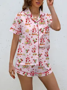 Women's Cute Strawberry Cartoon Print Pajama Set, Short Sleeve Button-Up Top and Elastic Shorts, Casual Loungewear Homewear for Daily Use