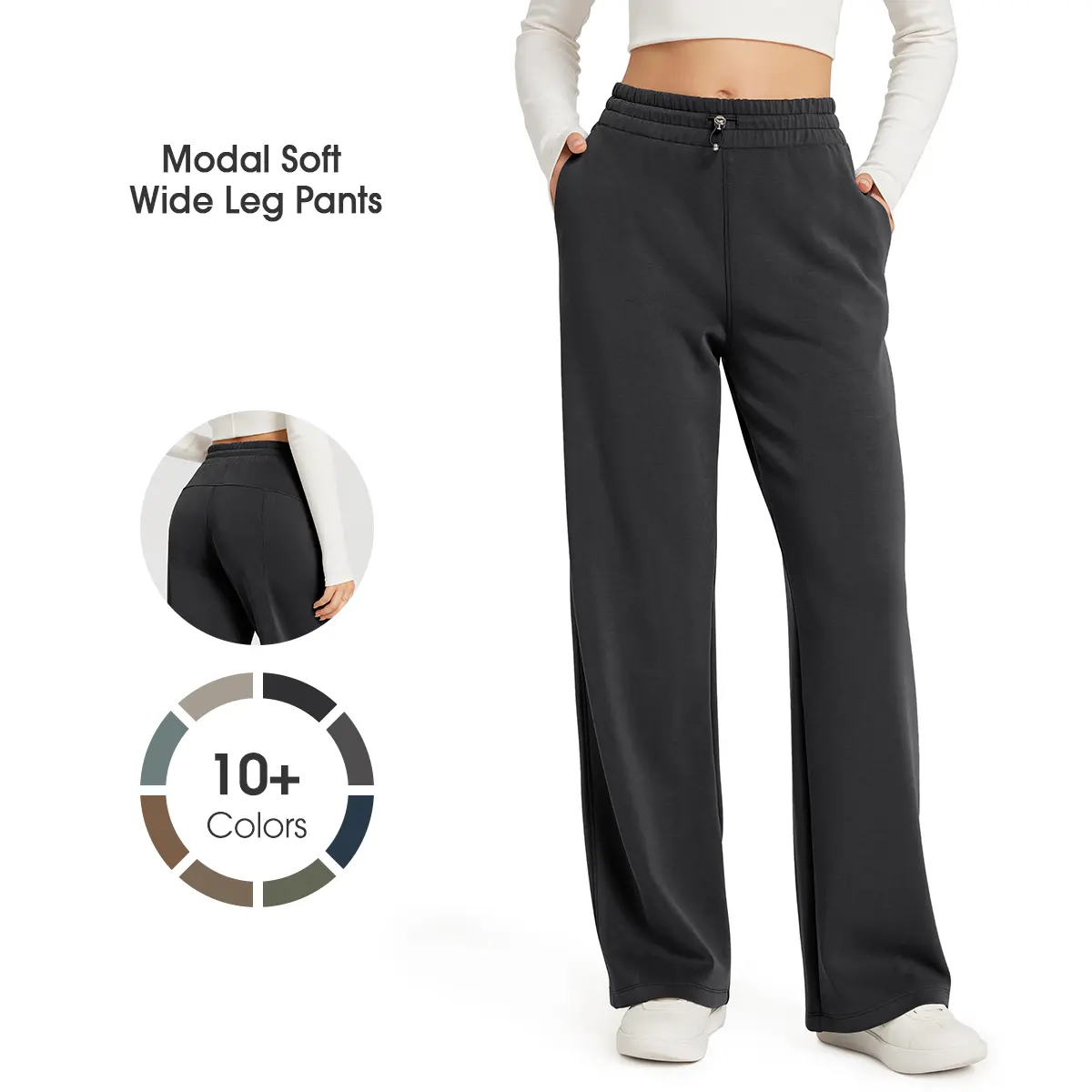 ODODOS Women's Modal Fabric Basic Wide Leg Pants, Move Freely Wide Design, Phone-Ready Pockets, Adjustable Shockcord High Waist, Casual Lounge Pants - 27/29/31in Inseam (Check Size Chart)