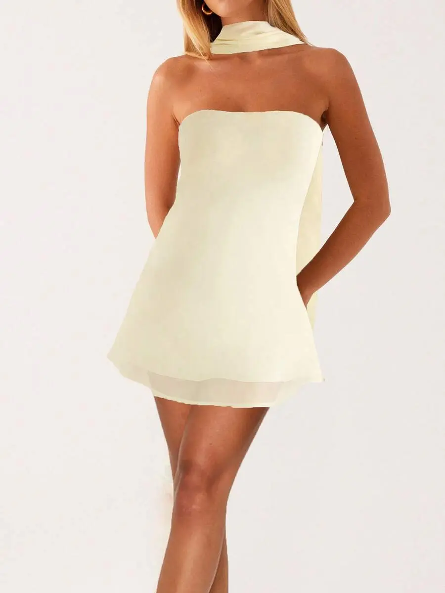 YESENIA Women Floral Tube Strapless Mini Dress Y2k Cute With Scarf Short Dresses Bodycon Backless Beach Formal Sundress