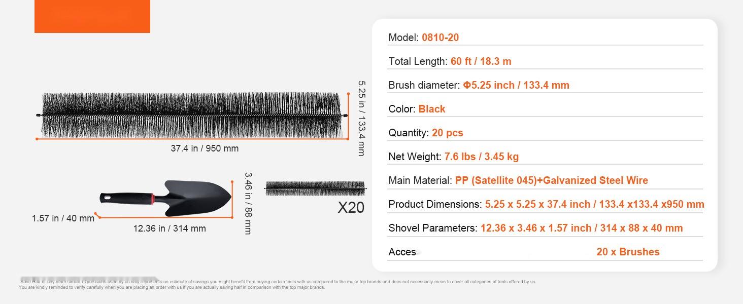 Gutter Cleaning Brush Set, 60 Feet Total Length, 5.25-Inch Diameter, Ground-Level Gutter Brush for 5-Inch Gutters, Easily Clear Leaves and Debris From Roof, Debris Clearing Tool, 20 Pack