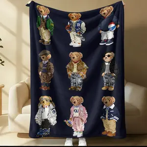 Vintage Bear Print Flannel Blanket, Preppy Bear Themed Gift Blanket, All-Seasons Use, Multiple Sizes Available, Office Nap Blanket, Portable Camping Blanket, Also Provides Warmth