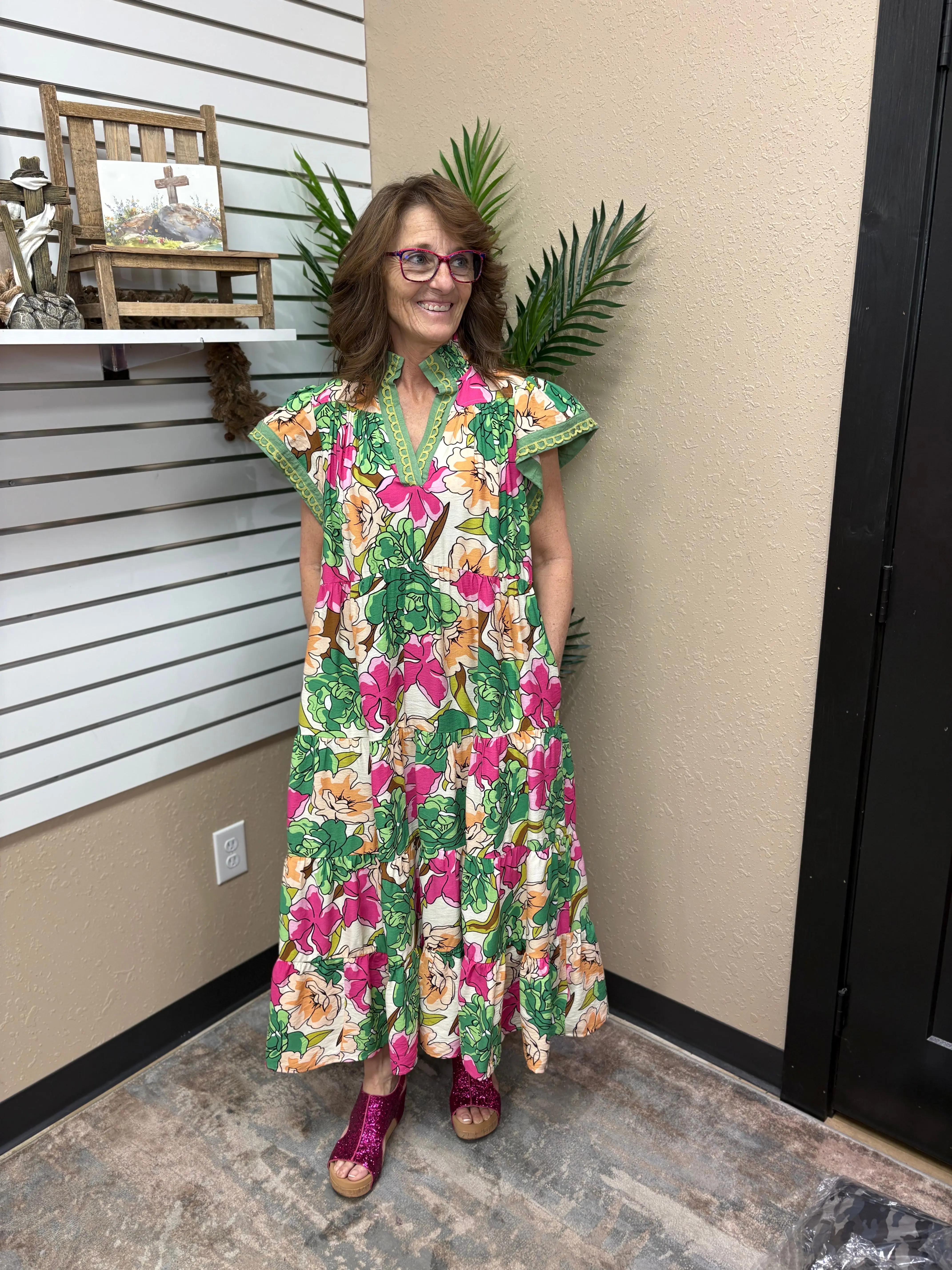 Green Mix Bold Floral Tiered Midi Dress by Umgee