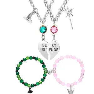 4Pcs Best Friend Necklace & Matching Bracelets Jewelry Set - Rhinestone Crown Witch Hat Friendship Matching Bracelets - BFF Couples Accessories Valentine's Day Gifts