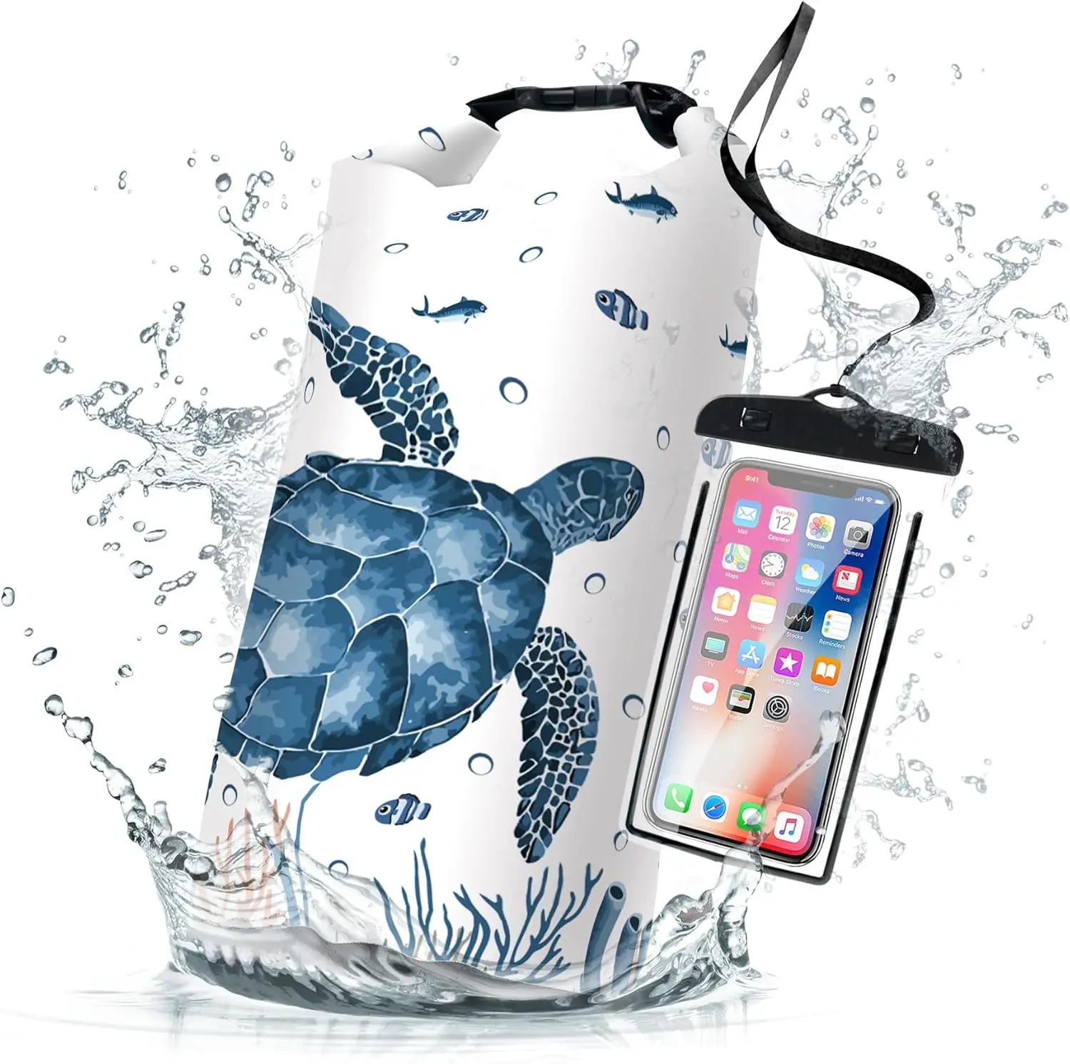 Unisex Roll-Top Waterproof Dry Bag, Sea Turtle Print Floating Backpack with Buckle for Canoeing & Boating, Adjustable Carrying Options 5L-20L with Phone Case, 10L, Kayaking
