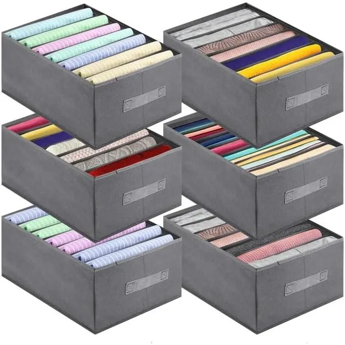 Jeans Organizer for Closet, Foldable Wardrobe Clothes Organizer with Handle, Stackable Closet Clothes Drawer Organizer Tshirts with 7 Grids for Leggings, Sweater, Jean, Pants, Grey (6 PACK) Boxes 3 Pcak