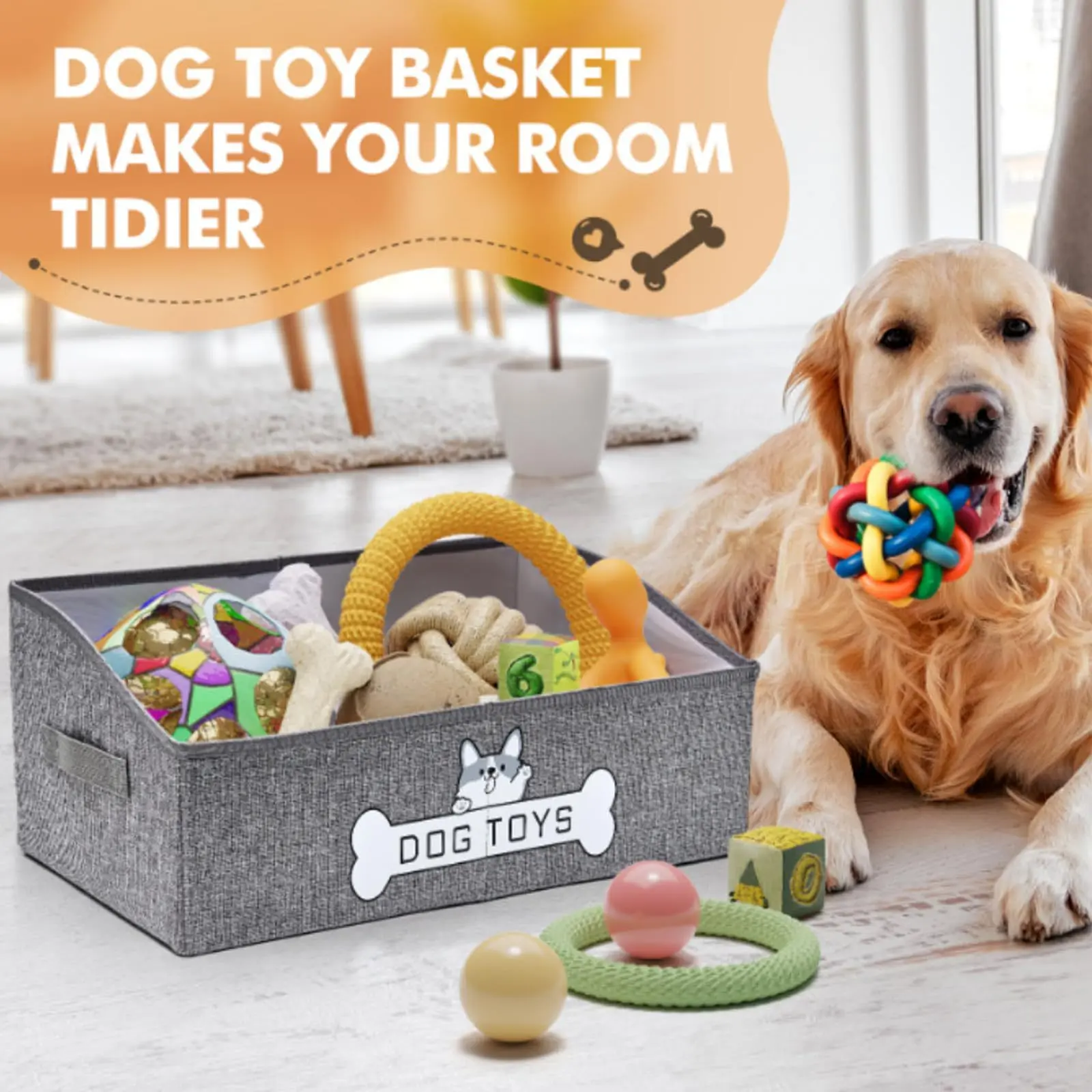 [AURA & ISLE] Modern Foldable Dog Toy Storage Basket, Sturdy Thick Home Organizer with Handle for Pet Toy Organization