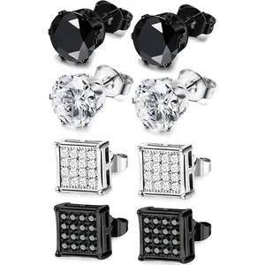 4 Pairs Stainless Steel Stud Earrings for Men Women Silver Black Square Earrings Set Mens Earrings Inlaid Cubic Zirconia 6-10MM