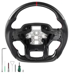 VEVOR Steering Wheel for 2021-2024 Ford F150, Carbon Fiber Steering Wheel D-Shaped Flat-Bottom, Leather Grip with Non-Slip Texture & Precise Stitching, Accessories Replacement for Ford F150, Black