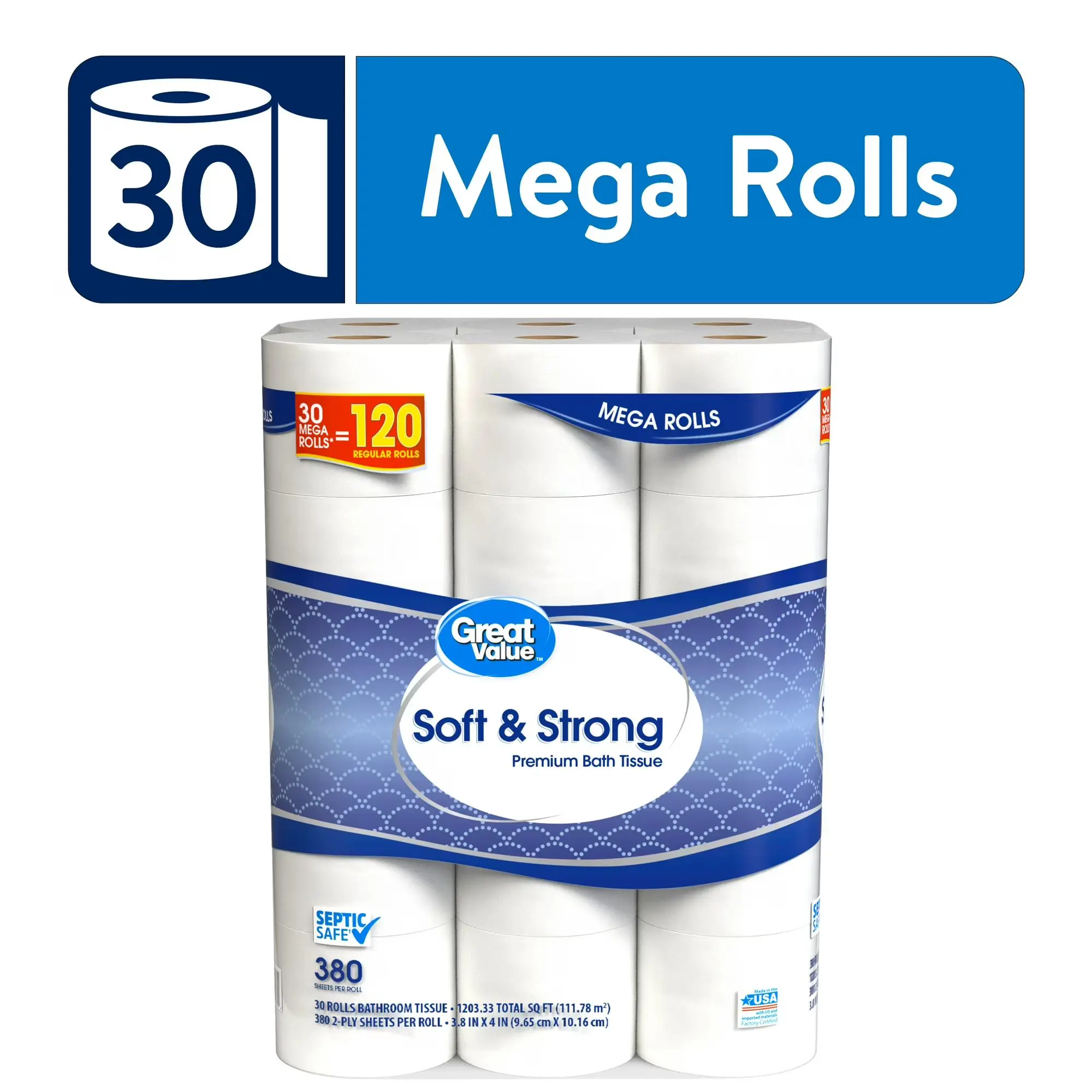Great Value Soft & Strong Premium Toilet Paper, 36 Mega Rolls, 380 Sheets per Roll